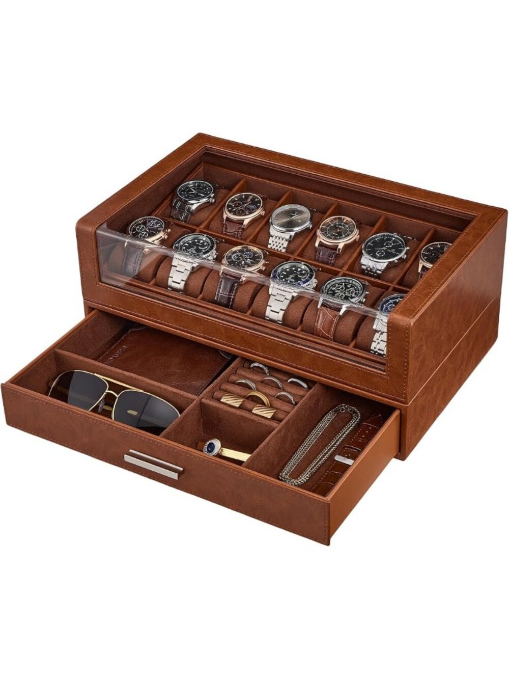 12-Slot Men's Watch Display Box - Elegant Brown Storage Case for Watches
